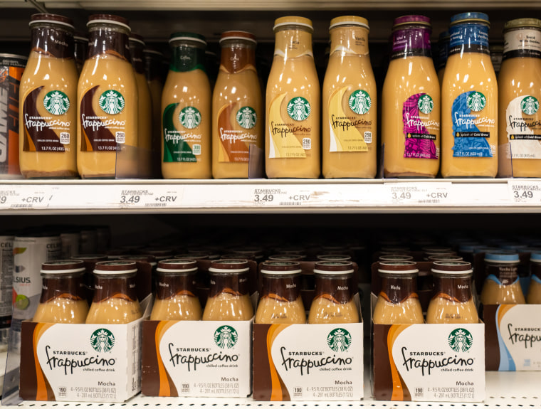 Bottles of Starbucks Frappuccino coffee drinks are seen in a