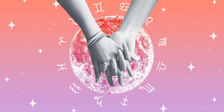 Photo Illustration: A pair of hands holding each other in front of the moon, surrounded by stars and astrology symbols.