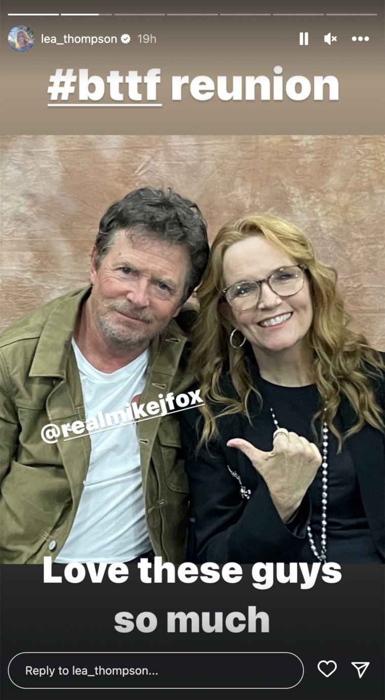 Michael J. Fox and Lea Thompson share a laugh.