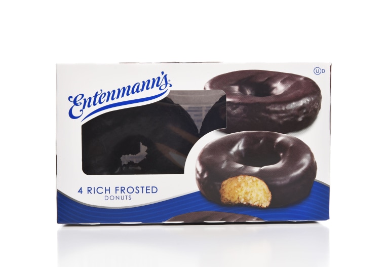 A 4 count box of Entenmanns Chocolate Frosted Donuts