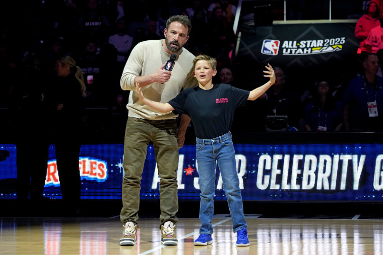 Ben Affleck and Samuel Garner Affleck speak at the Ruffles Celebrity Game during the 2023 NBA All-Star Weekend at Vivint Arena on February 17, 2023 in Salt Lake City, Utah. 