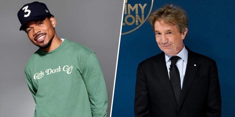 On the left, Chance the Rapper wears a green shirt and black ball cap that has the white number 3 on it. On the right, Martin short stands in a suit in front of ablue wall.