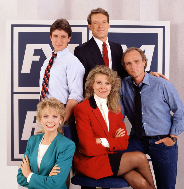 Charles Kimbrough as Jim Dial, Joe Regalbuto as Frank Fontana, Candice Bergen as Murphy Brown, Faith Ford as Corky Sherwood and Grant Shaud as Miles Silverberg.  Image dated August 2, 1988.