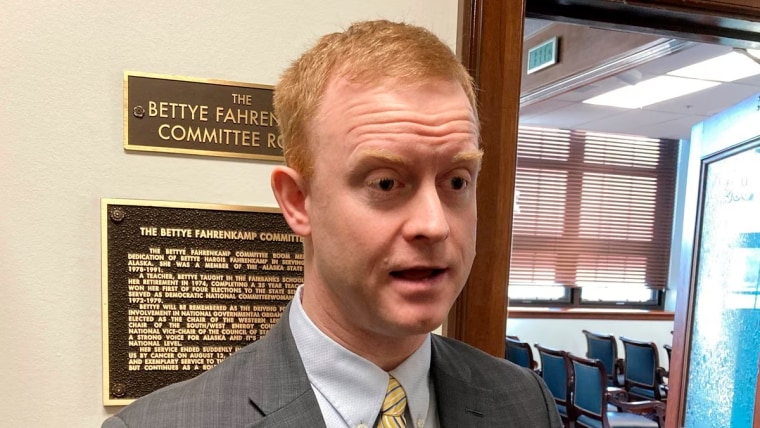 Alaska state Rep. David Eastman speaks with reporters after the House voted to censure him on Wednesday, Feb. 22, 2023, in Juneau, Alaska. The censure followed comments the Wasilla Republican made during a committee hearing Monday on child abuse and trauma.