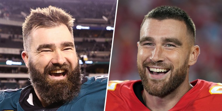 Jason Kelce, left, and his brother, Travis Kelce, were all smiles as their respective teams made it to the Super Bowl.