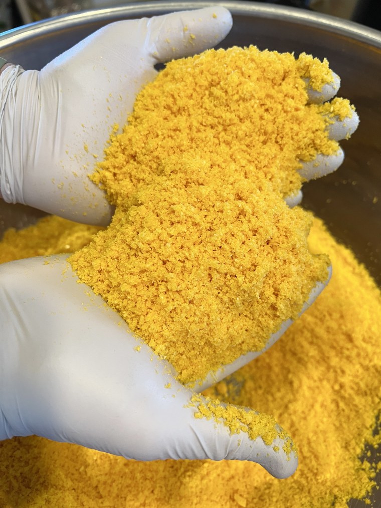 Freeze-dried eggs crumble easily into a powder Kern calls “gold dust.”