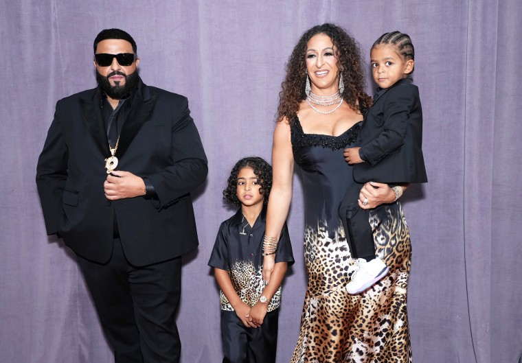 DJ Khaled, Asahd Khaled, Nicole Tuck, and Aalam Khaled at the 65th GRAMMY Awards.