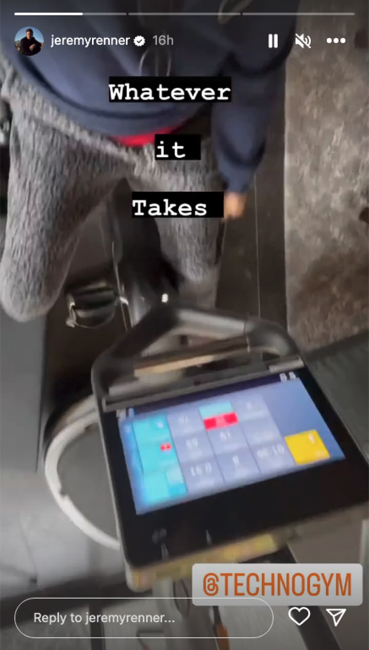 Jeremy Renner posted a video showing him working out on a stationary bike. 