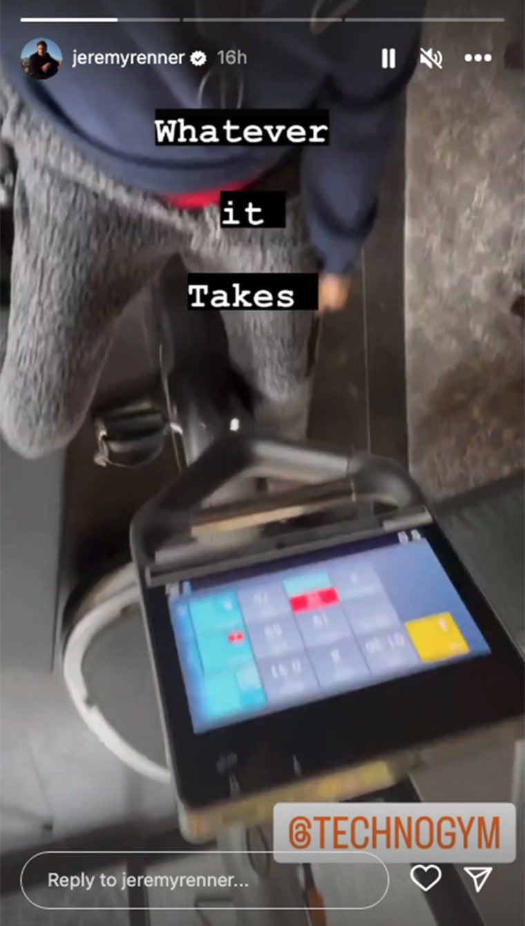 Jeremy Renner posted a video showing him working out on a stationary bike.