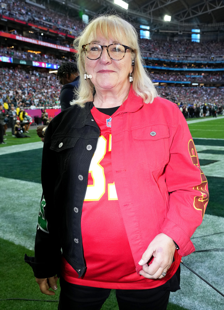 Donna Kelce, mother of Jason Kelce and Travis Kelce, at the Super Bowl LVII on February 12, 2023 in Glendale, AZ.