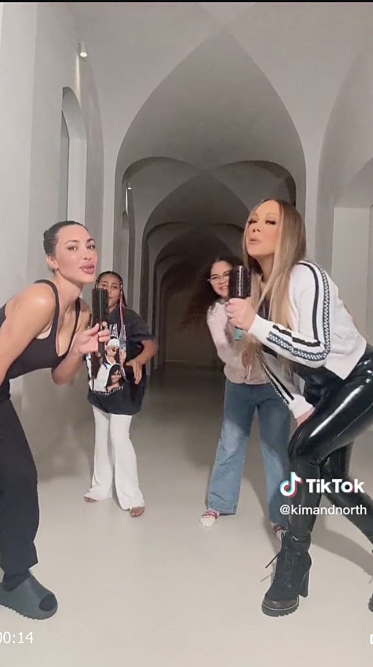 Kim Kardashian and daughter North West team up with Mariah Carey and her daughter, Monroe, for a fun TikTok video.