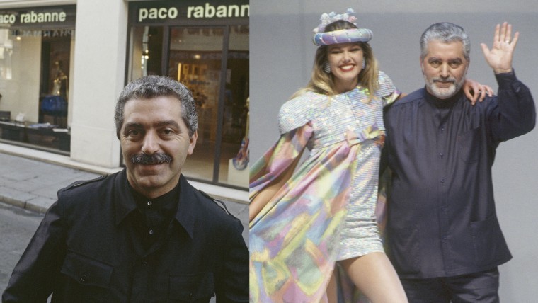 Paco Rabanne, diseñador, en su boutique, y al lado de una modelo.