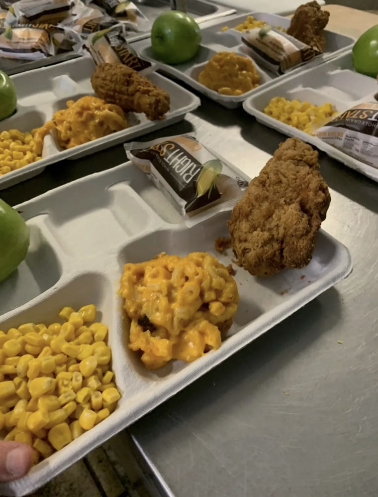 Students' meals of cornbread, fried turkey, corn and baked mac and cheese.