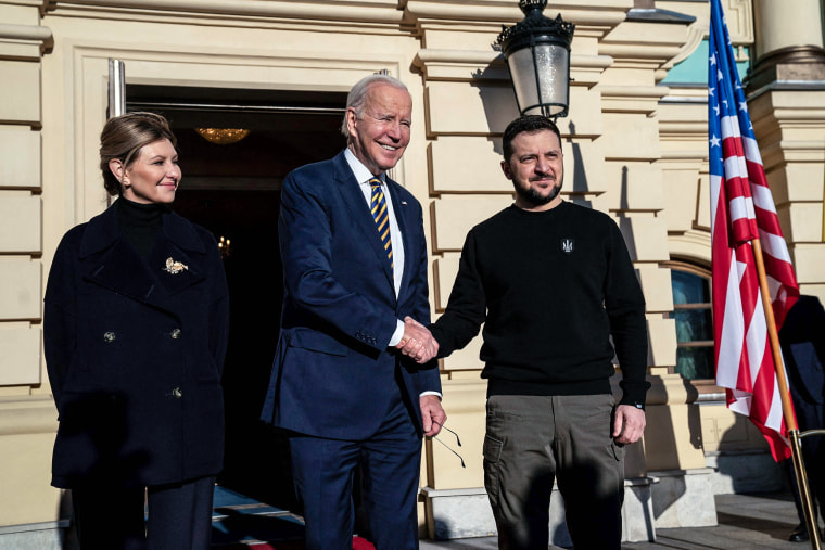 Image: President Joe Biden meets with Ukrainian President Volodymyr Zelensky and his wife Olena Zelenska at Mariinsky Palace during an unannounced visit in Kyiv on Feb. 20, 2023. 