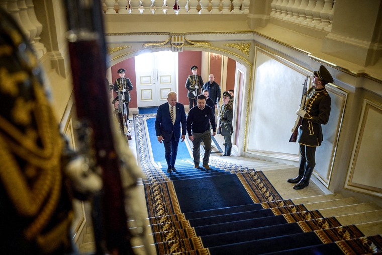 Image: President Joe Biden and Ukrainian President Volodymyr Zelensky arriving for a meeting in Kyiv on on Feb. 20, 2023.