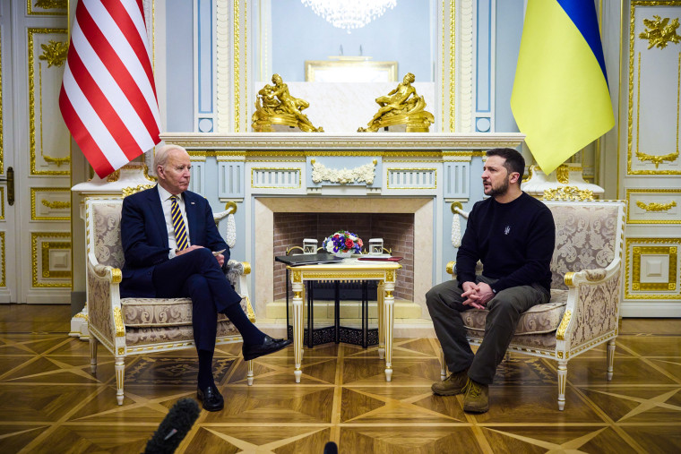 Image: President Joe Biden meets with Ukrainian President Volodymyr Zelensky at the Ukrainian presidential palace on Feb. 20, 2023 in Kyiv, Ukraine.