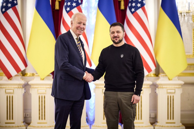 Image: President Joe Biden meets with Ukrainian President Volodymyr Zelensky at the Ukrainian presidential palace on Feb. 20, 2023 in Kyiv, Ukraine.