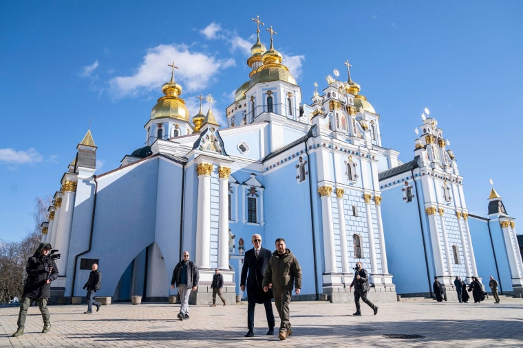 Image: President Joe Biden walks with Ukrainian President Volodymyr Zelensky at St. Michael's Golden-Domed Cathedral during an unannounced visit, in Kyiv, Ukraine on Feb. 20, 2023.