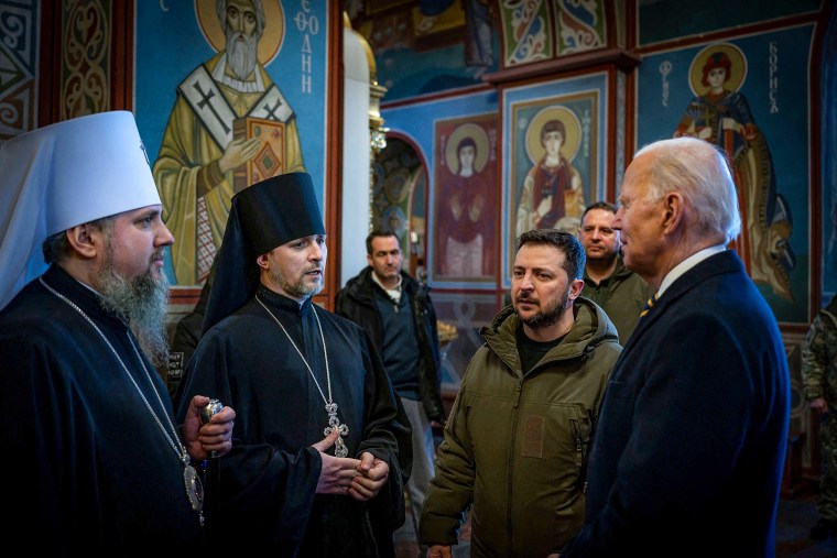 Image: President Joe Biden and Ukrainian President Volodymyr Zelensky as they visit St. Michaels Golden-Domed Cathedral in Kyiv, Ukraine on on Feb. 20, 2023.