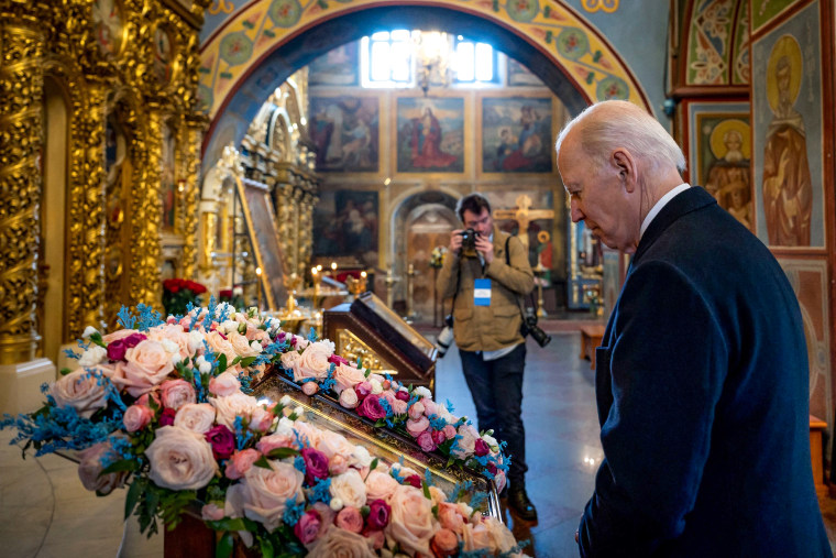 Image: President Joe Biden visits St. Michaels Golden-Domed Cathedral, in Kyiv, Ukraine on Feb. 20, 2023.
