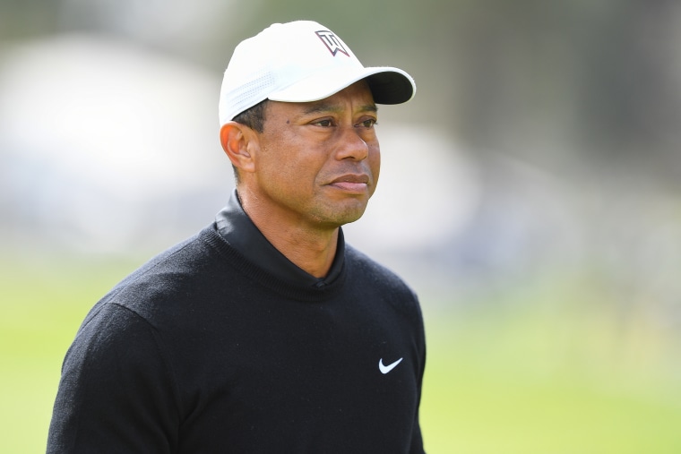 Tiger Woods looks on after the second round of the Genesis Invitational on February 17, 2023, at Riviera Country Club in Pacific Palisades, CA. 