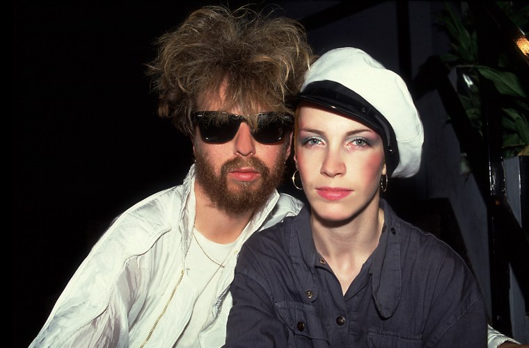 Backstage portrait of British musicians David A. Stewart (left) and  Annie Lennox of the Eurthymics at the Park West, Chicago, Illinois, July 29, 1986. 