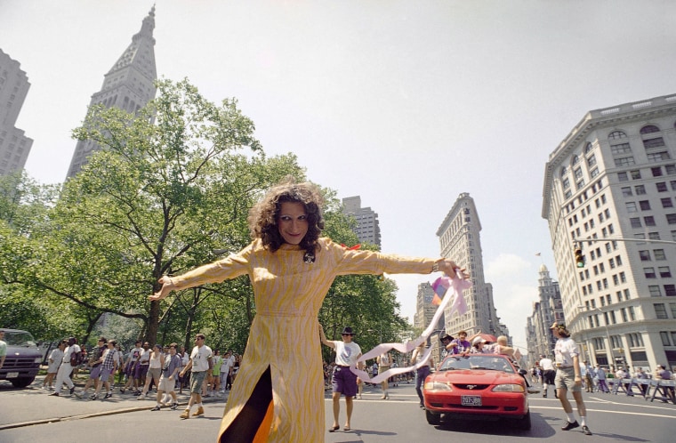 Sylvia Rivera leads the ACT-UP march past New York’s Union Square Park on June 26, 1994.