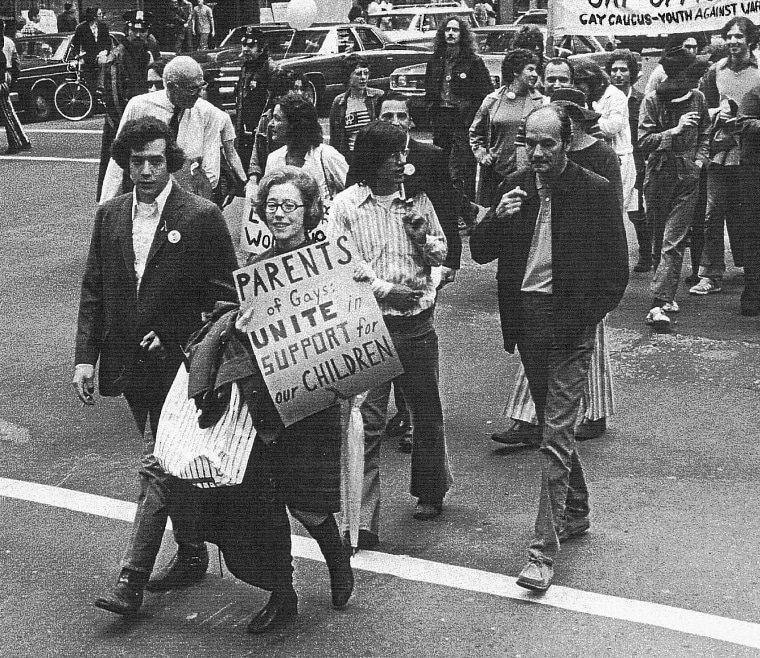 Jeanne Manford marches with her son Morty in the New York City Christopher Street Liberation Day Parade