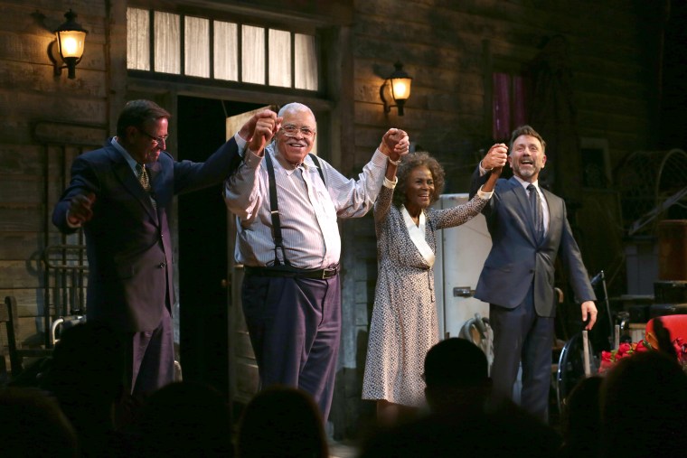 Playwright D.L. Coburn, James Earl Jones, Cicely Tyson and director Leonard Foglia during the Broadway Opening Night performance Curtain Call for 'The Gin Game'