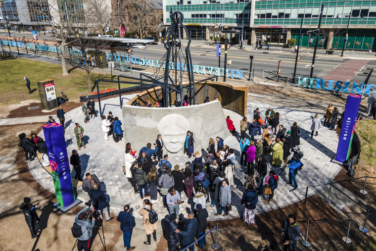 Image: The new Harriet Tubman monument, titled "Shadow of a Face," by architect Nina Cooke John, stands in Newark, N.J., on March 9, 2023. 