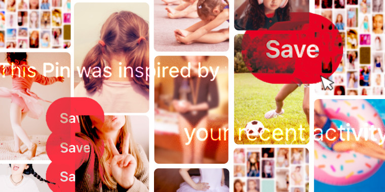 Photo Illustration: A collage in the style of a Pinterest board featuring abstracted photographs of young girls in clothing including leotards and bathing suits. The images are overlaid with text pulled from the Pinterest site, reading "This Pin was inspired by your recent activity" and the red "Save" Pinterest button