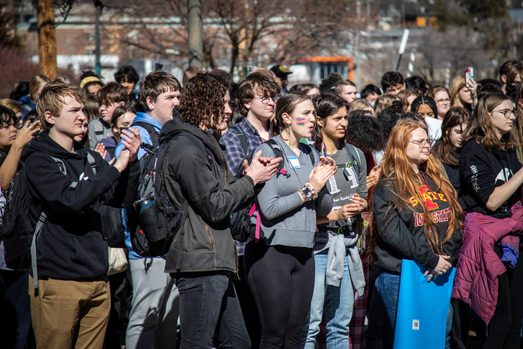 Students at high schools across Iowa walked out of classes on March 1, 2023, to protest anti-LGBTQ legislation moving through the Iowa General Assembly. More than 400 students from Central Academy in Des Moines took part, marching from school to the Governor's mansion a few blocks up the street.