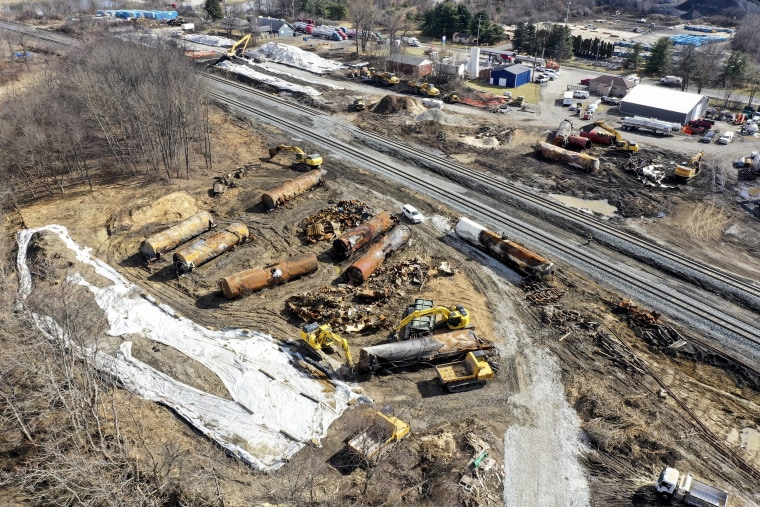 The site of a Norfolk Southern freight train derailment in East Palestine, Ohio, on Feb. 24, 2023.