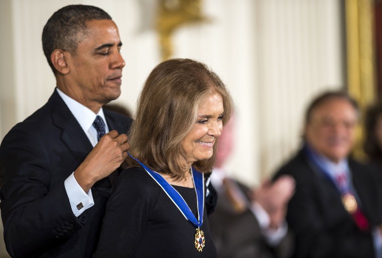 Gloria Steinem is presented the 2013 Presidential Medal of Freedom by President Barack Obama in the East Room of the White House on Nov. 20, 2013.