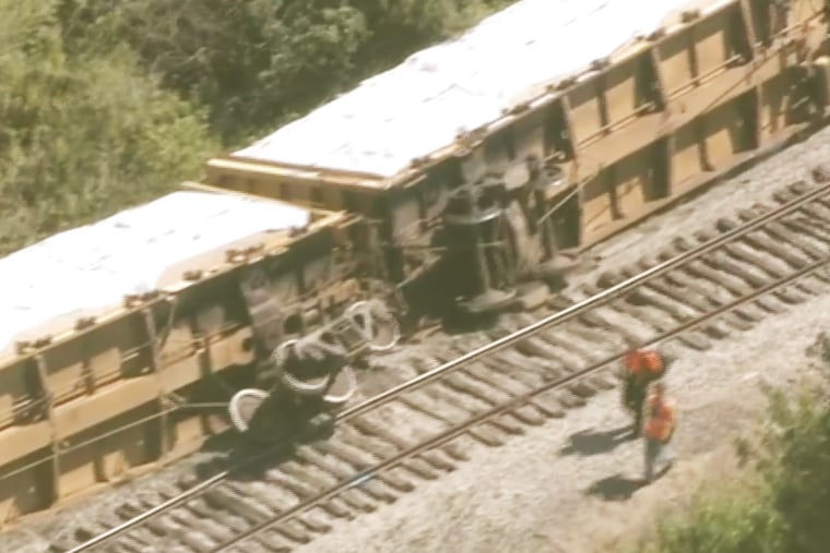 Aerial footage shows the upturned carriages after a train derailed on Tuesday in Manatee County, Fla. 