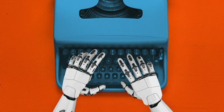 Photo Illustration: A robot's hands type on a typewriter.