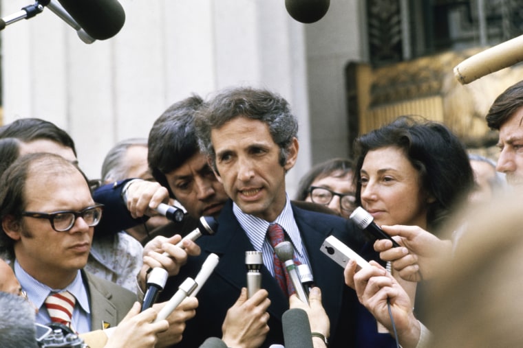 American researcher Tony Russo (1936-2008) and American economist and political activist Daniel Ellsberg address the media during a recess in their trial at the Federal Courtroom in Los Angeles, California, 10th May 1973. Russo and Ellsberg stand accused of illegally copying and distributing the Pentagon papers relating to the Vietnam war; it emerged during the trial that the FBI put a wiretap on Ellsberg's telephone conversations in 1969 and 1970.