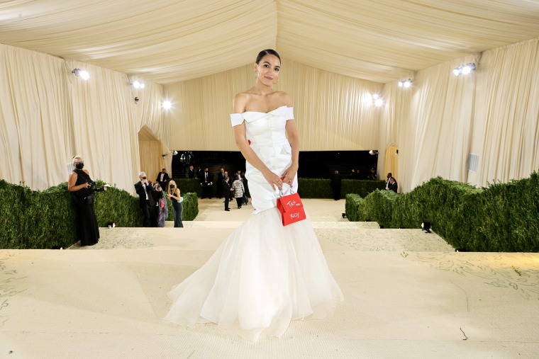 Rep. Alexandria Ocasio-Cortez, D-N.Y., departs the Met Gala on Sept. 13, 2021, in New York.