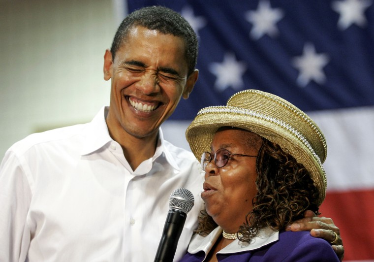 Presidential hopeful Sen. Barack Obama, D-Ill., laughs with  Edith Childs, in Aiken, S.C., on Oct. 6, 2007.