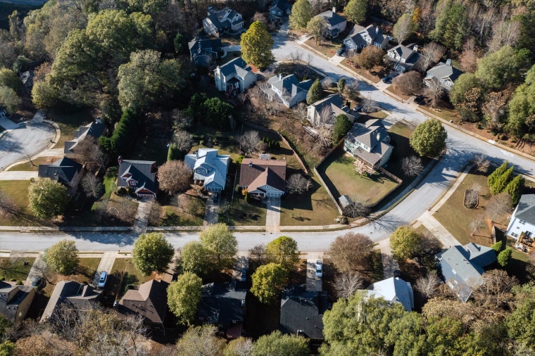 Aerial view of homes in a subdivision in Atlanta.