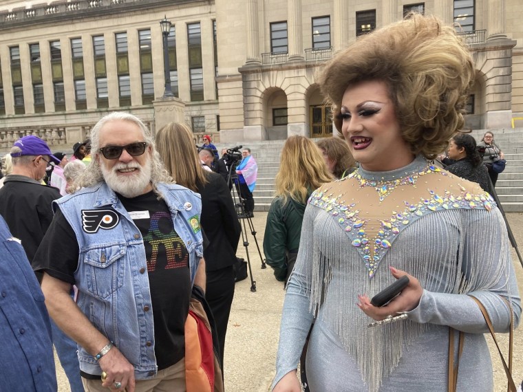 Drag performer Poly Tics at rally in Frankfort, Ky., on March 2, 2023, to oppose a bill that would put limits on drag shows in Kentucky. 