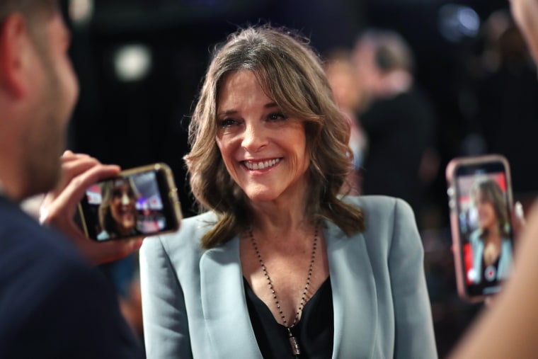 Democratic presidential candidate Marianne Williamson in the spin room of a presidential debate in Detroit in 2019.