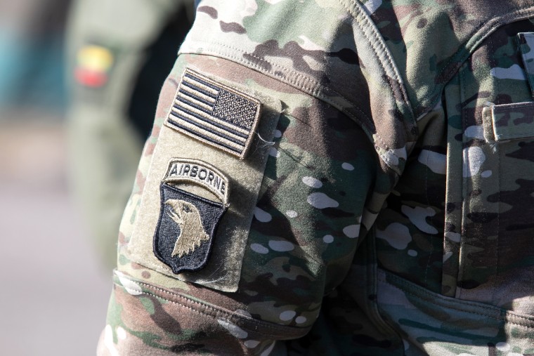KAZLU RUDA, LITHUANIA - MARCH 01: US army Airborne patch on March 1, 2022 in Kazlu Ruda, Lithuania. Saber Strike 2022 is an element of the large-scale exercise Defender-Europe 2022 military drills between U.S. troops and allied forces.