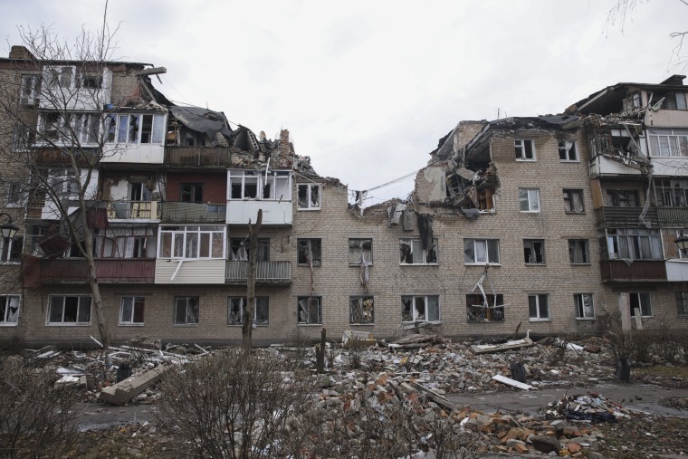 Damaged buildings in Bakhmut, Ukraine