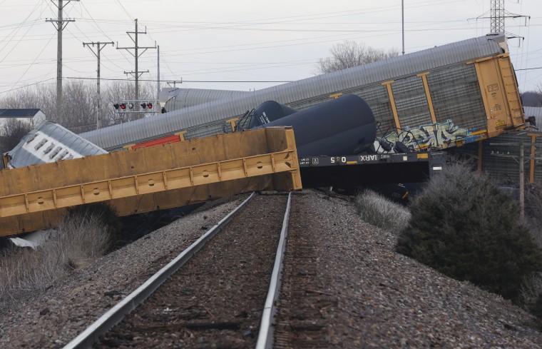 Multiple cars of a Norfolk Southern train lie toppled after derailing in Clark County, Ohio, Saturday, March 4, 2023. 