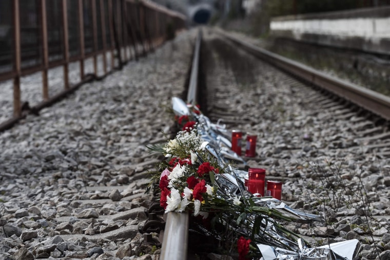 A makeshift memorial for the victims of a train crash in northern Greece on March 5, 2023.