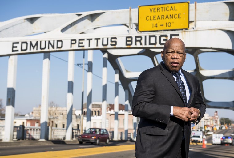 Rep. John Lewis, D-Ga., stands on the Edmund Pettus Bridge in Selma, Ala., on Feb. 14, 2015. 