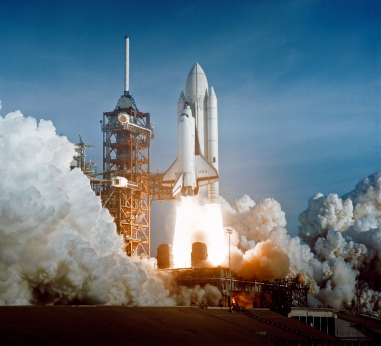 The launch of the Space Shuttle Columbia on April 12, 1981.