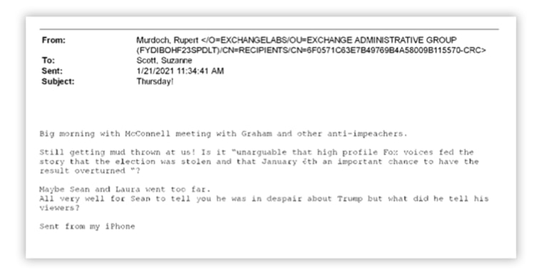 In an email the day after Joe Biden's inauguration, Fox Corporation Chairman Rupert Murdoch wondered if some Fox News hosts "went too far" pushing the stolen election myth.