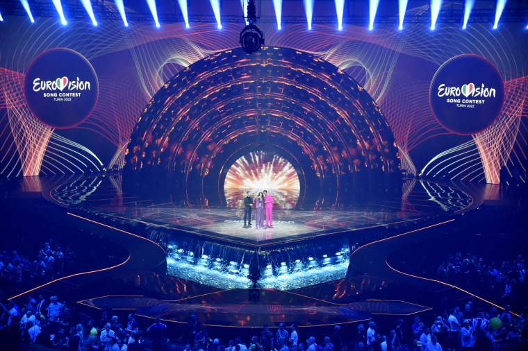 Alessandro Cattelan, Laura Pausini and Mika during dress rehearsals for the 66th Eurovision Song Contest Grand Final in Turin, Italy